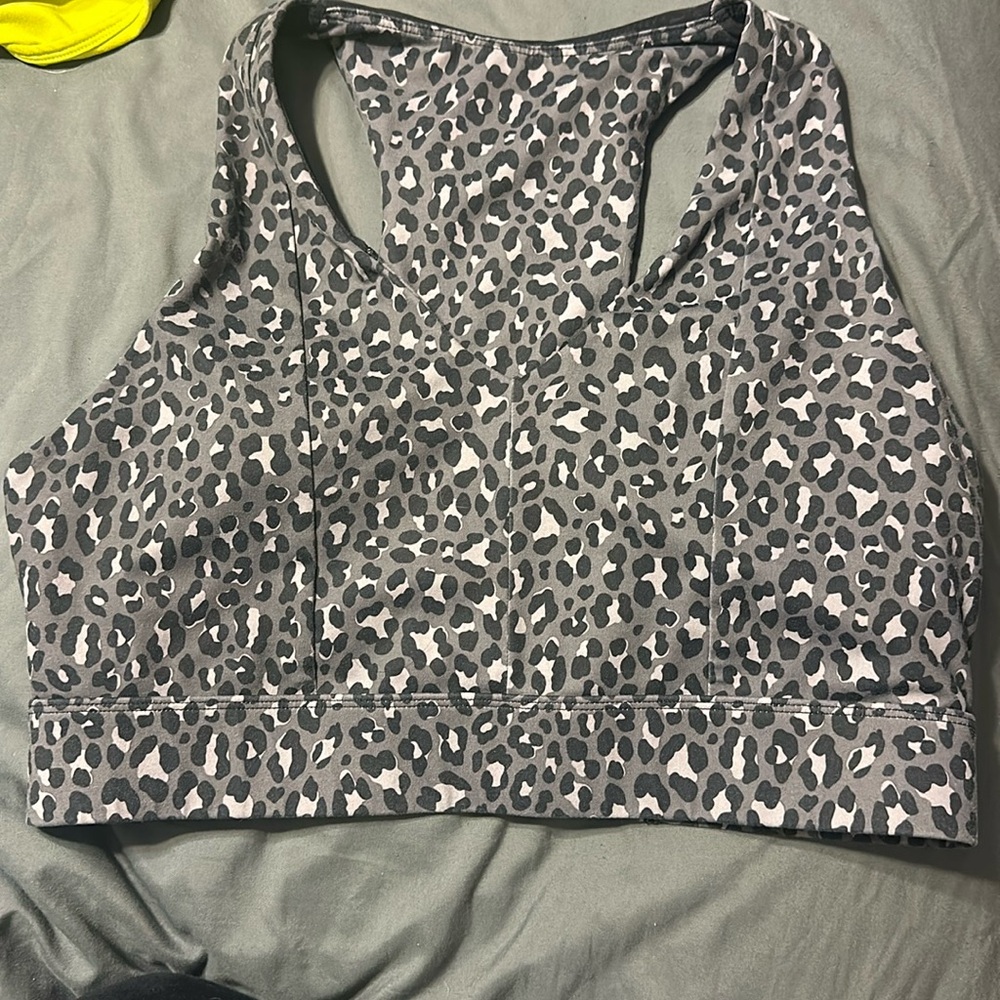Fabletics leopard print sports bra with electronic pocket on back